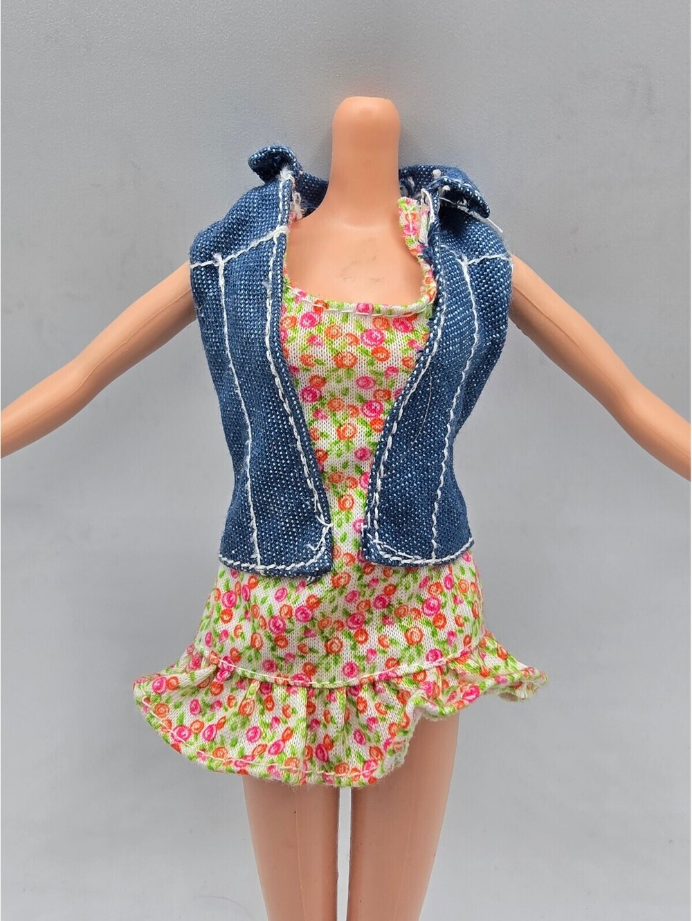 Barbie Pink Floral Ruffle Top with Denim Vest 1pc